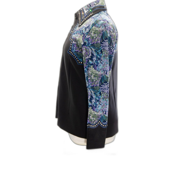 Custom Western Show Shirt - Blue Design with Bezel Set Stones & Leather Accent - Picture 2 of 8